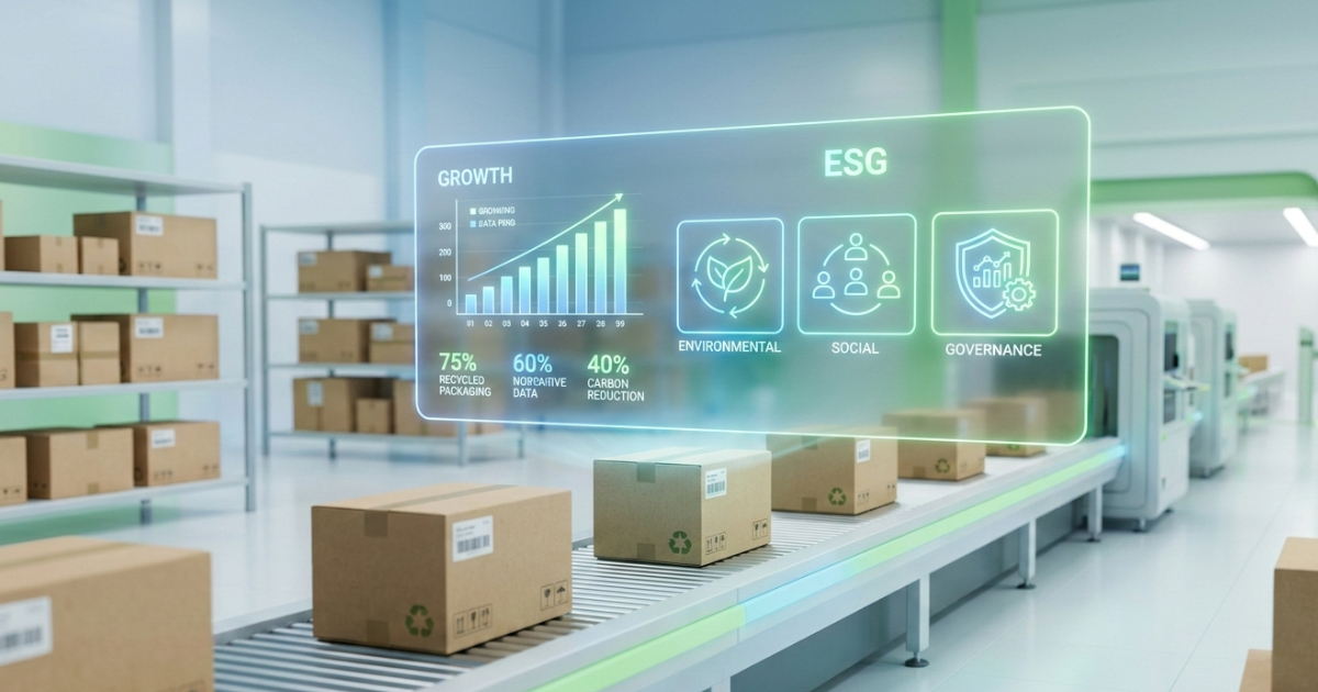 Nowoczesny, jasny magazyn e-commerce z taśmociągiem, po którym poruszają się ekologiczne kartony. Nad linią produkcyjną unosi się holograficzny panel z ikonami ESG (środowisko, społeczeństwo, ład korporacyjny) oraz wykresami danych niefinansowych.