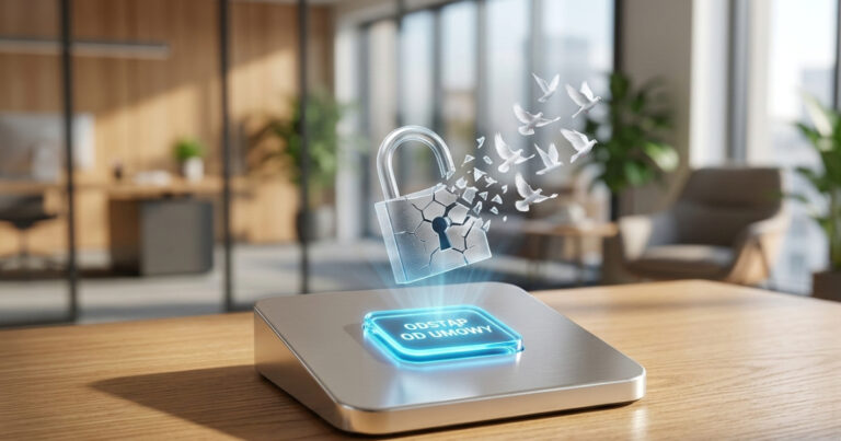 Nowoczesny terminal dotykowy na dębowym biurku wyświetlający neonowy przycisk odstąpienia od umowy z symbolem pękającej kłódki i wylatujących gołębi.