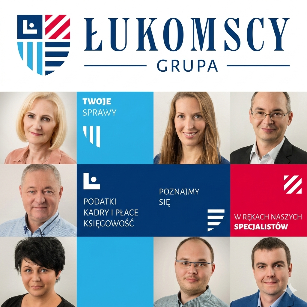 Kolaż przedstawiający zespół specjalistów Grupy Łukomscy oraz logo firmy. Na grafice widoczne są portrety pracowników przeplatane kolorowymi polami z hasłami: Podatki, Kadry i Płace, Księgowość.